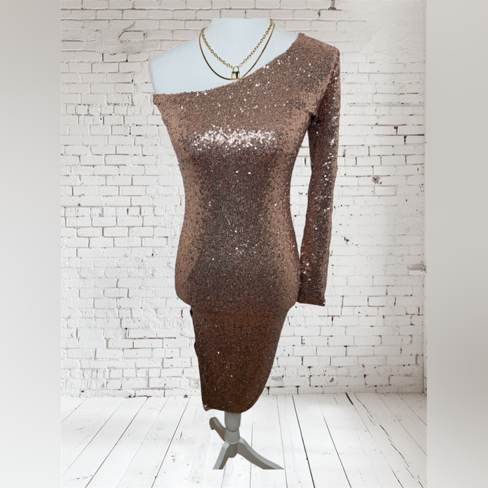 Fashion Nova Rose Gold One-Shoulder Sequin Dress
